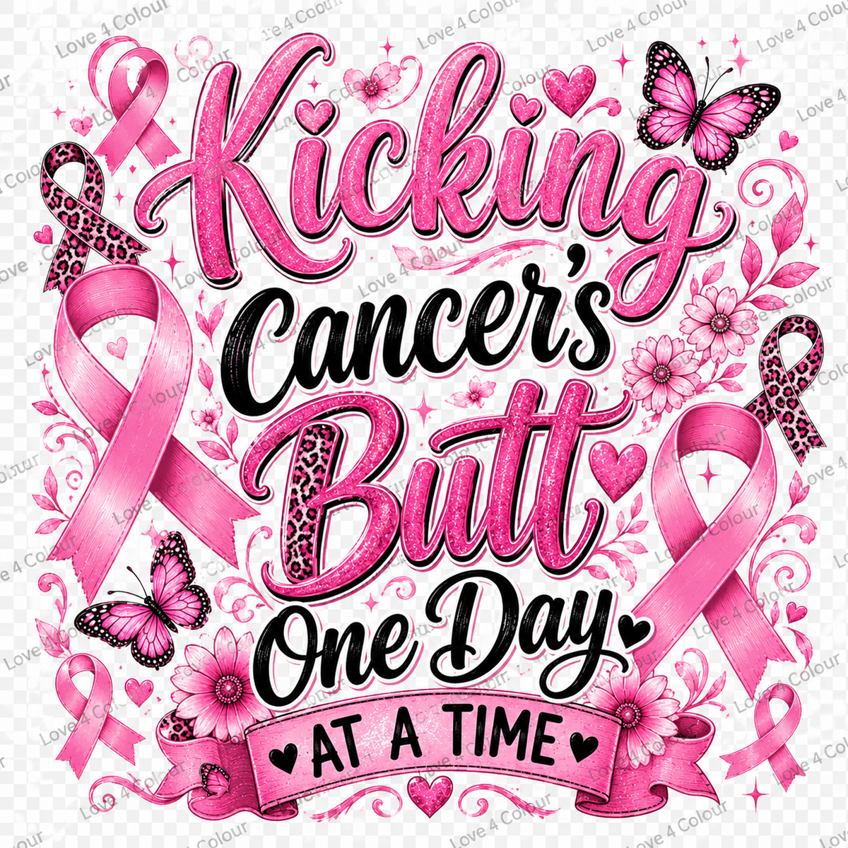 Kicking Cancer's Butt One Day at a Time PNG – Pink Ribbon Cancer Awareness Digital Design for Cricut & Sublimation