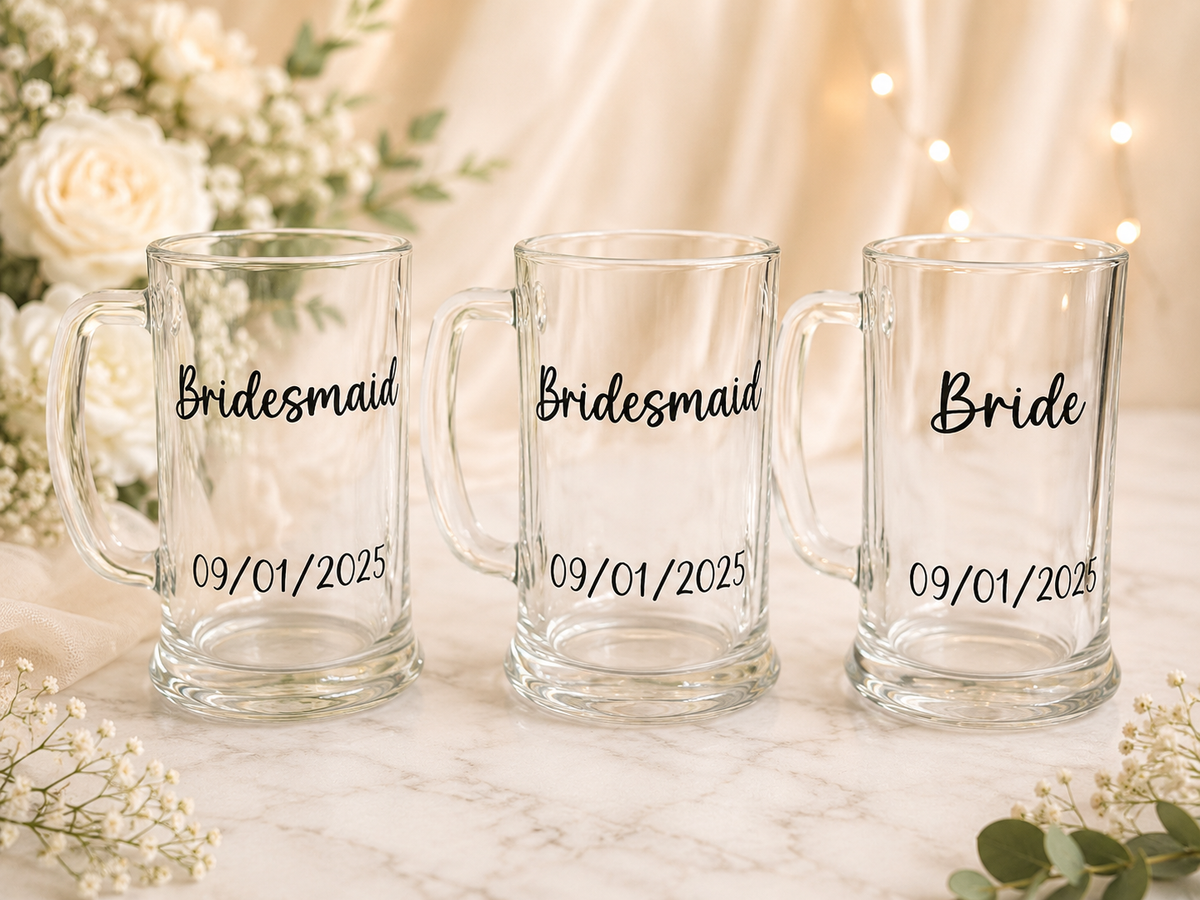 Personalised Bride & Groom Wedding Glass Set – Bridal Party Options Available