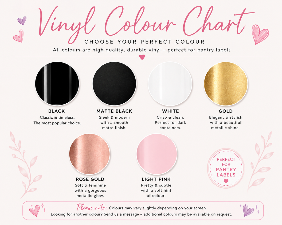 Vinyl Colour Chart – Black, Matte Black, White, Gold, Rose Gold, Light Pink