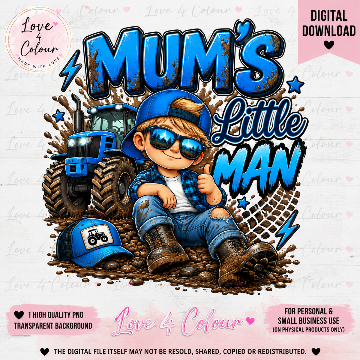 Mum's Little Man PNG – Blue Tractor Baby Boy Digital Design for Cricut & Sublimation