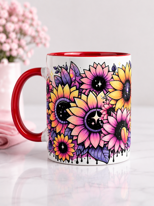 Floral Sunflower & Tiger 11oz Mug with red handle and interior