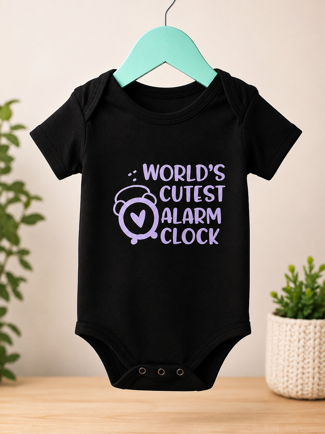 World's Cutest Alarm Clock black baby romper on a teal hanger