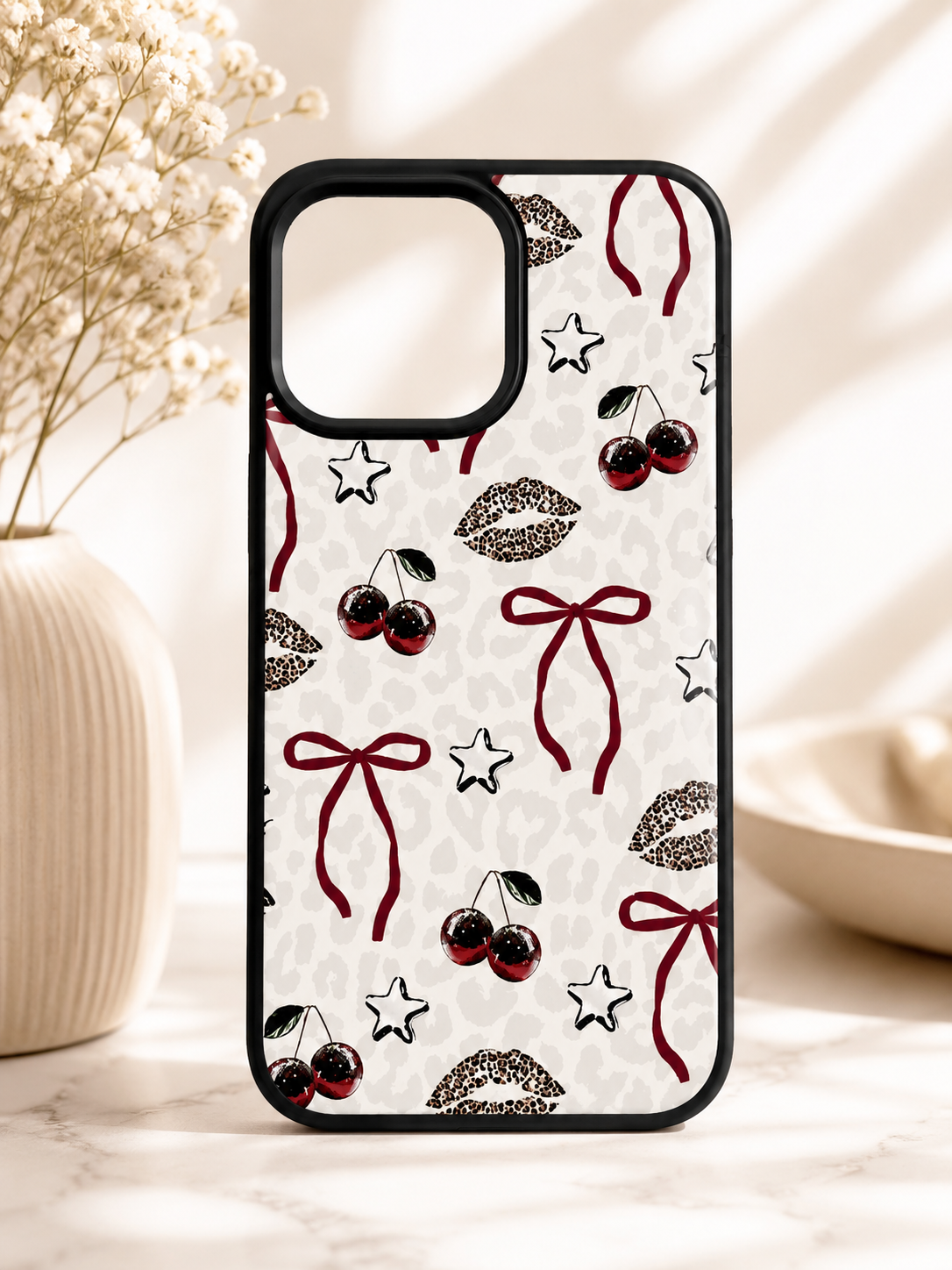 Bows cherries and lips leopard print iPhone case