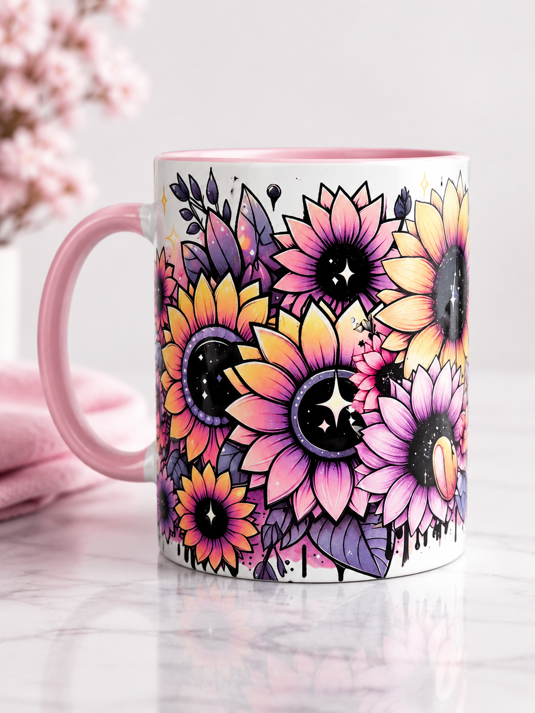Floral Sunflower 11oz Mug with pink handle and interior