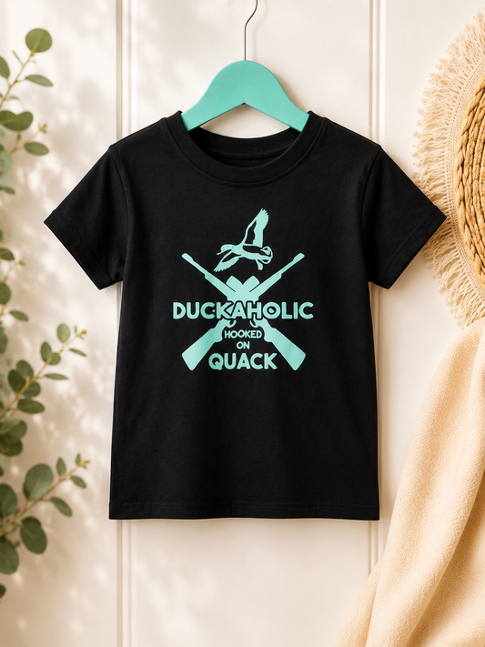 Duckaholic Hooked On Quack black kids tee on a teal hanger