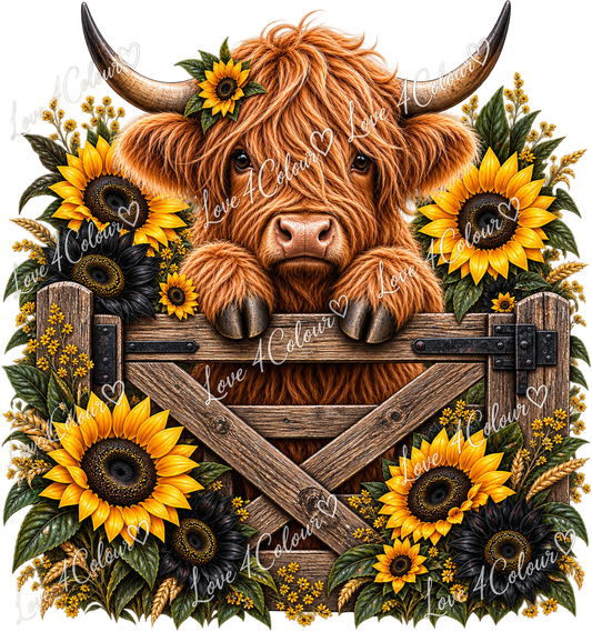 Highland Cow & Sunflowers PNG – Rustic Floral Digital Design for Cricut & Sublimation