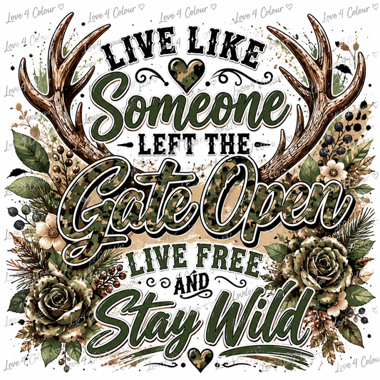 Live Free & Stay Wild PNG – Camo Antlers Rustic Country Digital Design for Cricut & Sublimation