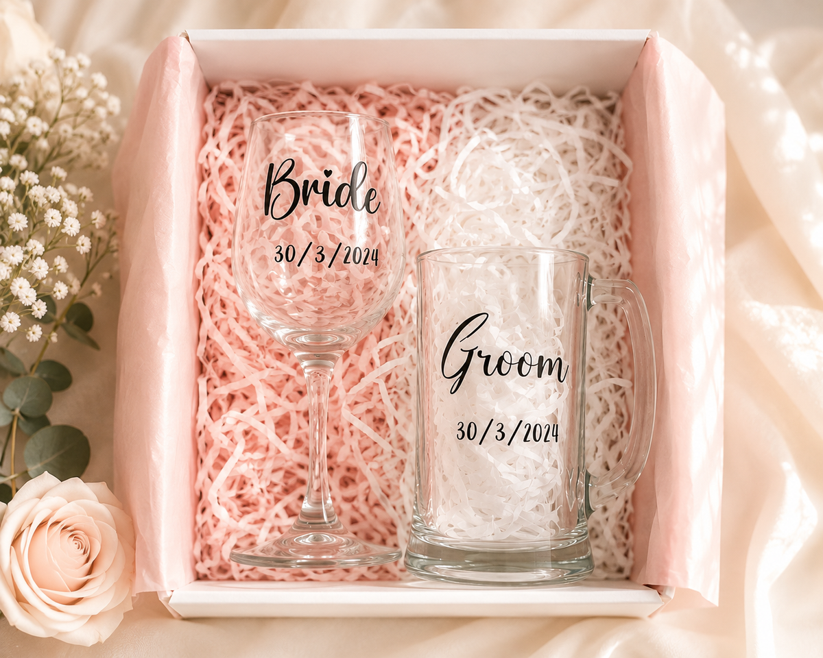 Personalised Bride & Groom Wedding Glass Set – Bridal Party Options Available
