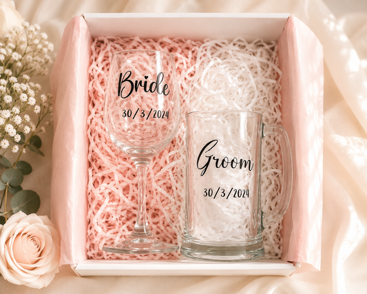 Personalised Bride & Groom Wedding Glass Set – Bridal Party Options Available