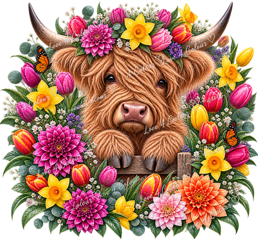 Spring Highland Cow Floral PNG – Daffodils Tulips & Dahlias Digital Design for Cricut & Sublimation