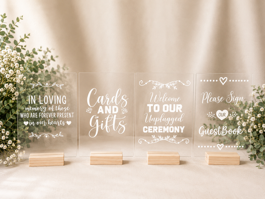 Acrylic Wedding Sign Set of 4 – Made to Order with Wooden Stands