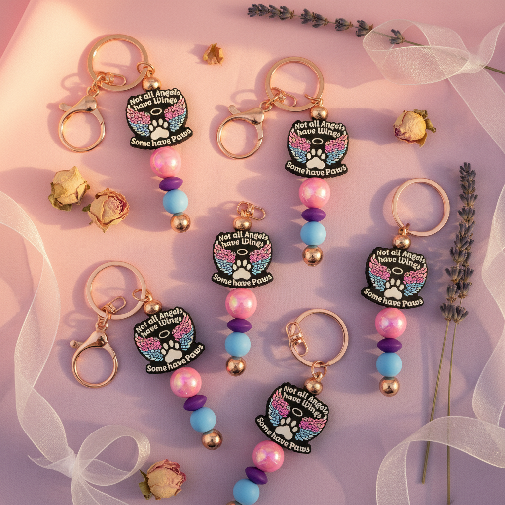 Custom keychain flat lay lifestyle on pink and purple background with gift styling