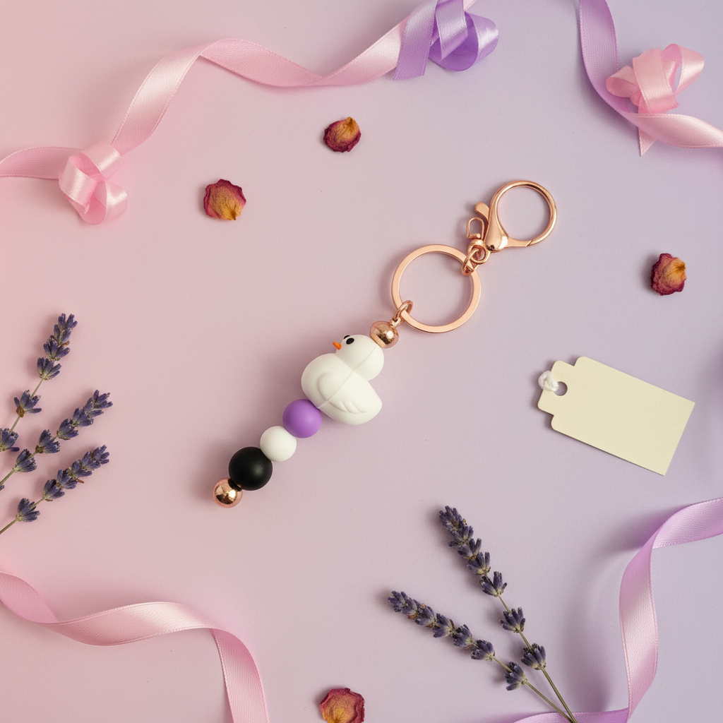 Purple duck charm beaded keychain lifestyle flat lay on pink and purple background