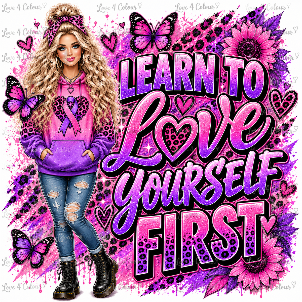 Learn To Love Yourself First – Pink & Purple PNG Digital Download