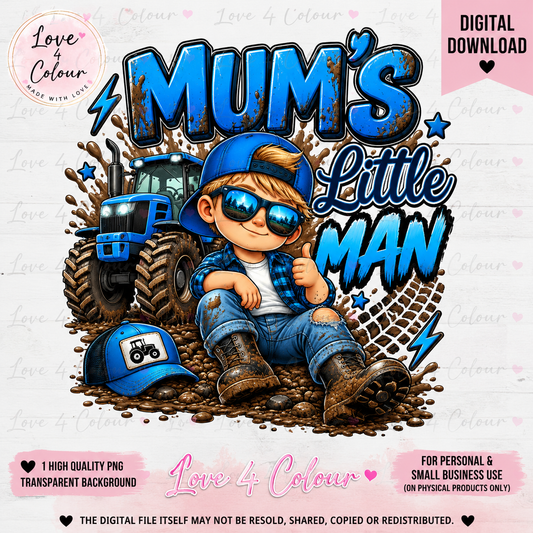 Mum's Little Man PNG – Blue Tractor Baby Boy Digital Design for Cricut & Sublimation
